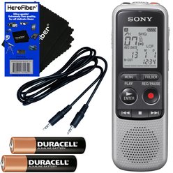 Enregistreur vocal numérique MP3 ICD-BX140 de Sony avec câble intégré de 4 Go + câble auxiliaire + 2 piles AAA + chiffon de nettoyage ultra doux HeroFiber - HeroFiber